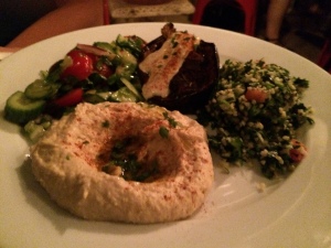 hummus, tabouli, eggplan, israeli salad, cafe mogador nyc